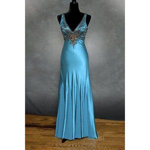 Sue Wong Nocturne Evening Gown Sz 0/2 Turquoise Blue Beaded, Godets
